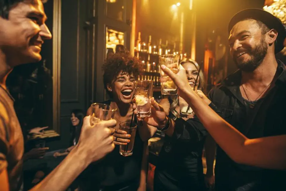 Group of friends having drinks in night club.