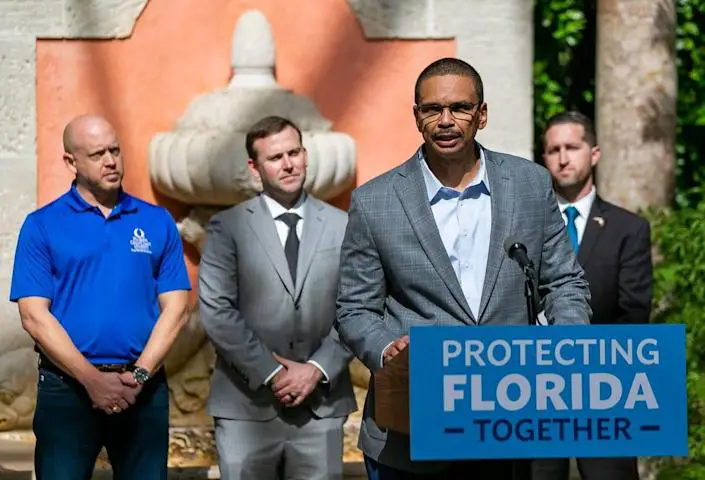 Florida Department of Environmental Protection Secretary Shawn Hamilton speaks during a press conference at Vizcaya Museum &amp; Gardens in Miami, Florida, on Tuesday, Feb. 1, 2022. Gov. Ron DeSantis announced $404 million in climate change preparation funds.