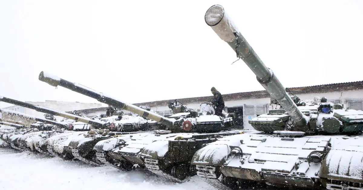 Tanks are pictured during a drill of the 92nd Mechanised Brigade of the Ukrainian Armed Forces
